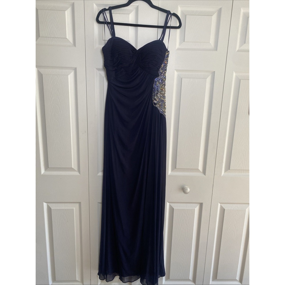 Faviana Beaded Ruched Evening Gown Womens Size 8 Navy Blue Formal Prom Dress